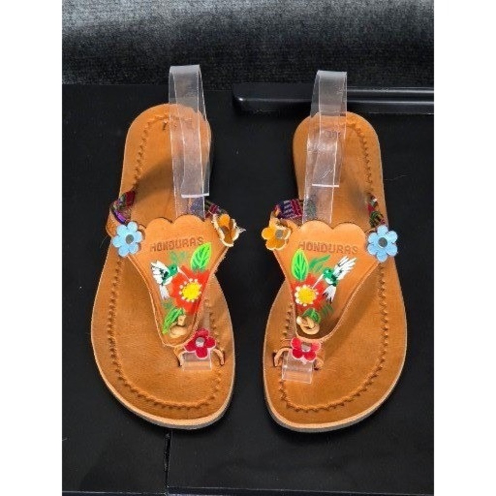 Handmade Honduras Hummingbird Sandals Womens 41 Leather‎ Flower Thong Flip Flops
